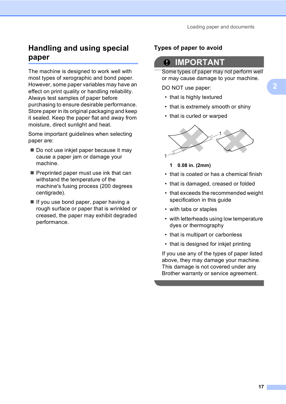 Handling and using special paper, Types of paper to avoid, Important | 2handling and using special paper | Brother DCP-8085DN User Manual | Page 30 / 156