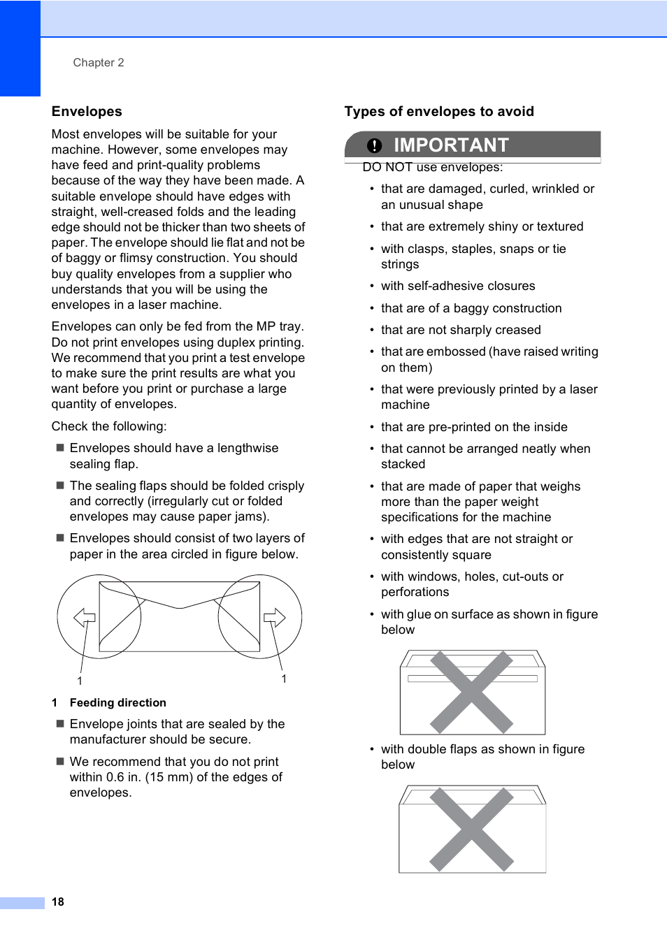 Envelopes, Types of envelopes to avoid, Important | Brother DCP-8085DN User Manual | Page 31 / 156