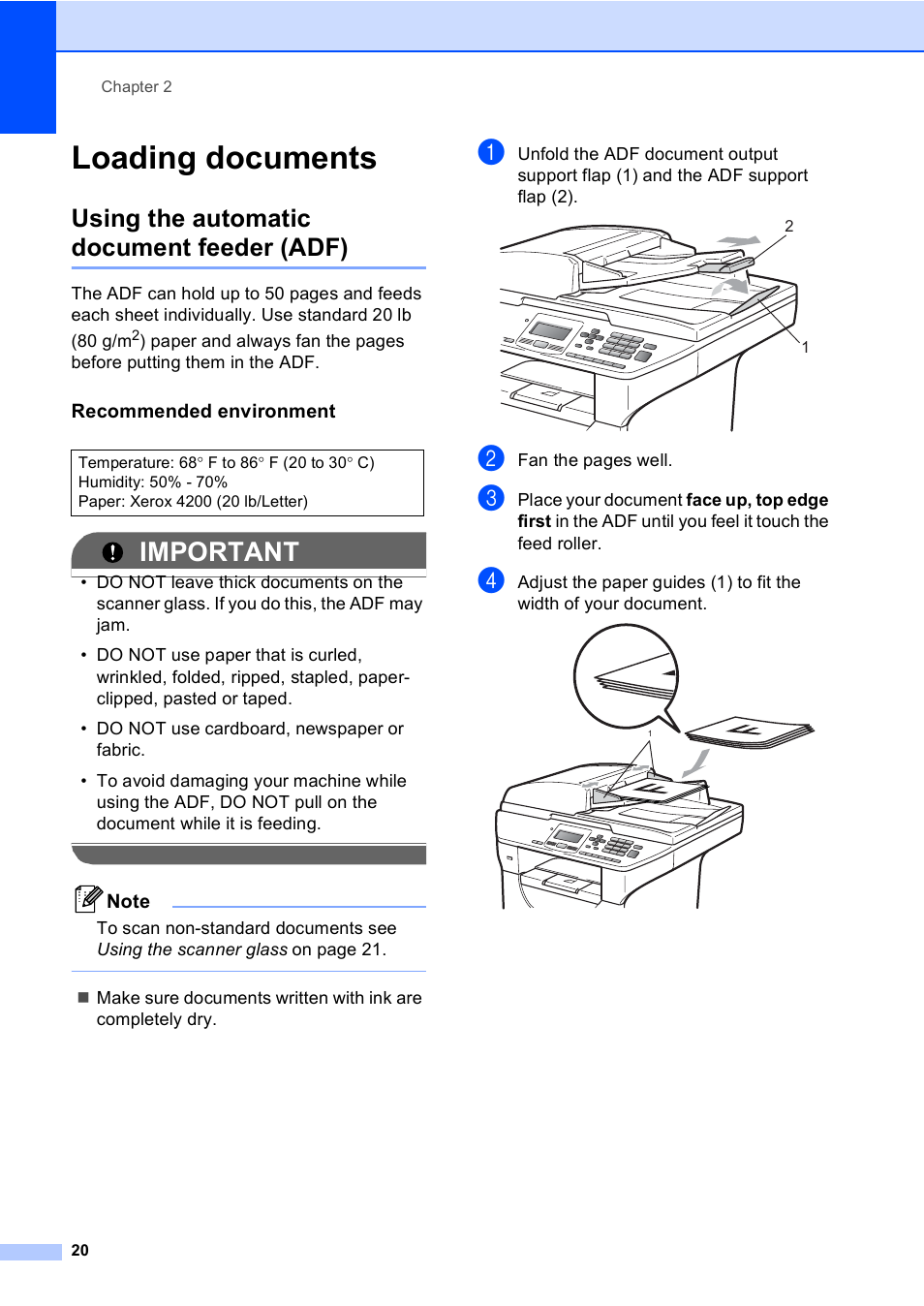 Loading documents, Using the automatic document feeder (adf), Recommended environment | Important | Brother DCP-8085DN User Manual | Page 33 / 156