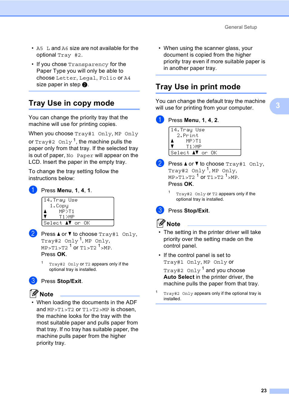 Tray use in copy mode, Tray use in print mode, Tray use in copy mode tray use in print mode | Brother DCP-8085DN User Manual | Page 36 / 156