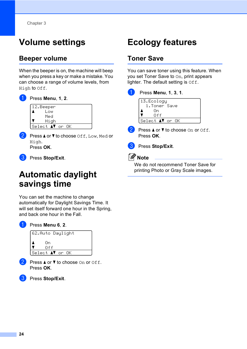 Volume settings, Beeper volume, Automatic daylight savings time | Ecology features, Toner save, Automatic daylight savings time ecology features | Brother DCP-8085DN User Manual | Page 37 / 156