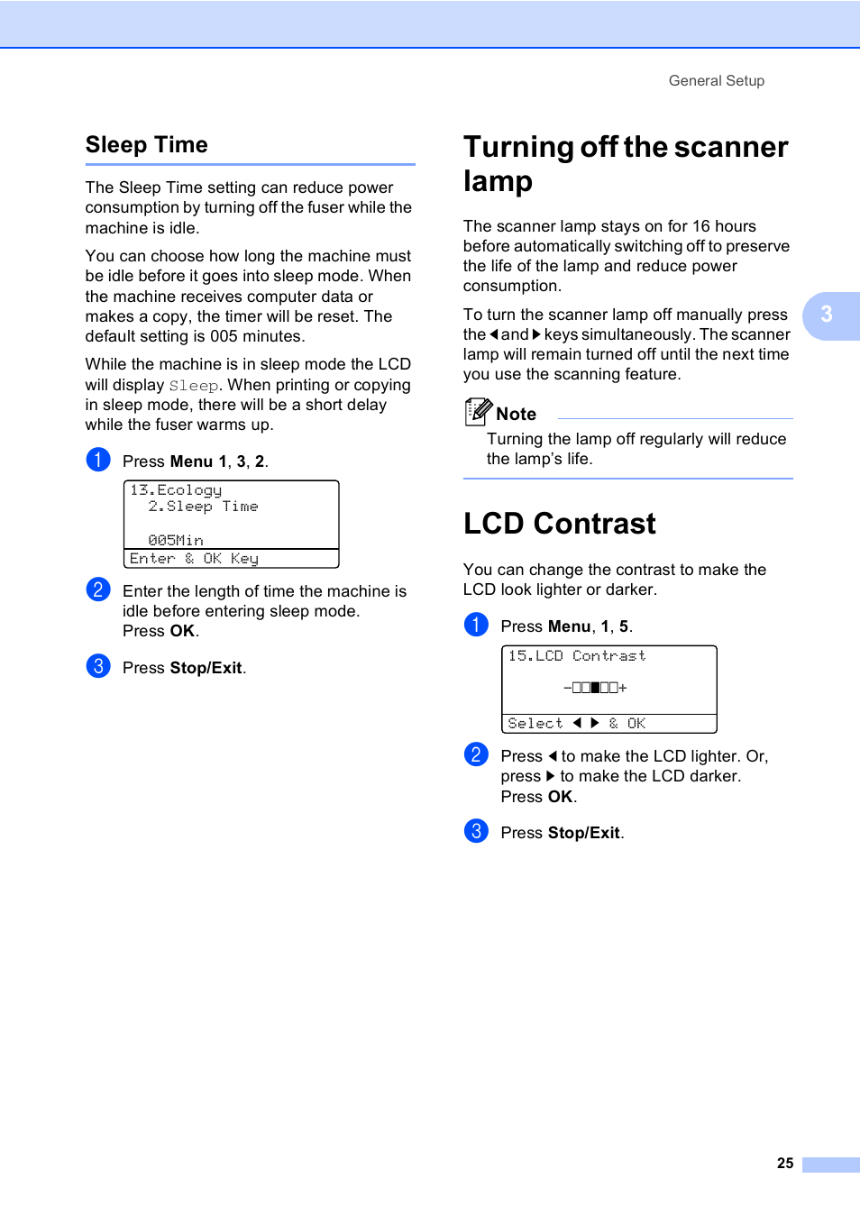 Sleep time, Turning off the scanner lamp, Lcd contrast | Turning off the scanner lamp lcd contrast, 3sleep time | Brother DCP-8085DN User Manual | Page 38 / 156