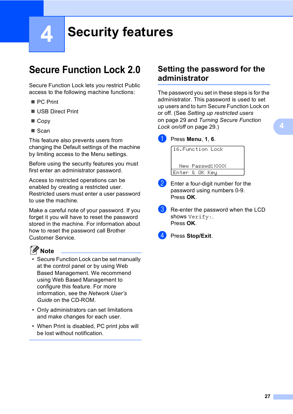 4 security features, Secure function lock 2.0, Setting the password for the administrator | Security features | Brother DCP-8085DN User Manual | Page 40 / 156
