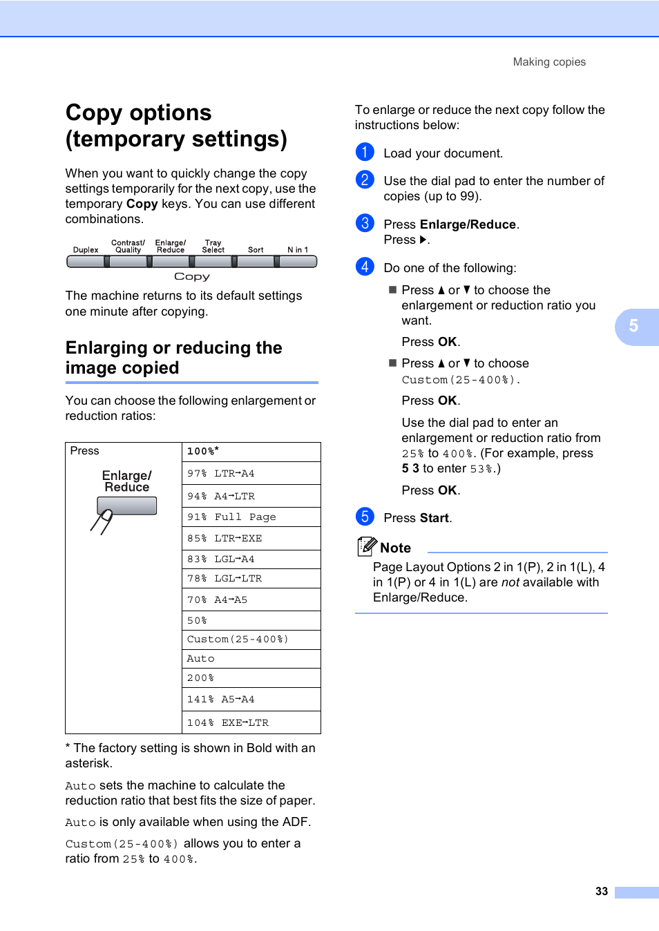 Copy options (temporary settings), Enlarging or reducing the image copied | Brother DCP-8085DN User Manual | Page 46 / 156