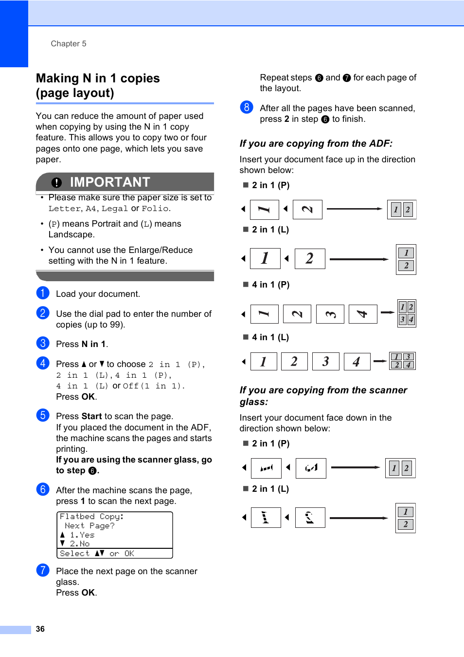 If you are copying from the adf, If you are copying from the scanner glass, Important | Making n in 1 copies (page layout) | Brother DCP-8085DN User Manual | Page 49 / 156