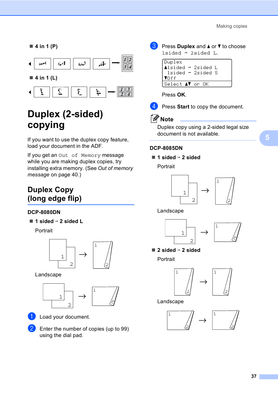 Duplex (2-sided) copying, Duplex copy (long edge flip) | Brother DCP-8085DN User Manual | Page 50 / 156