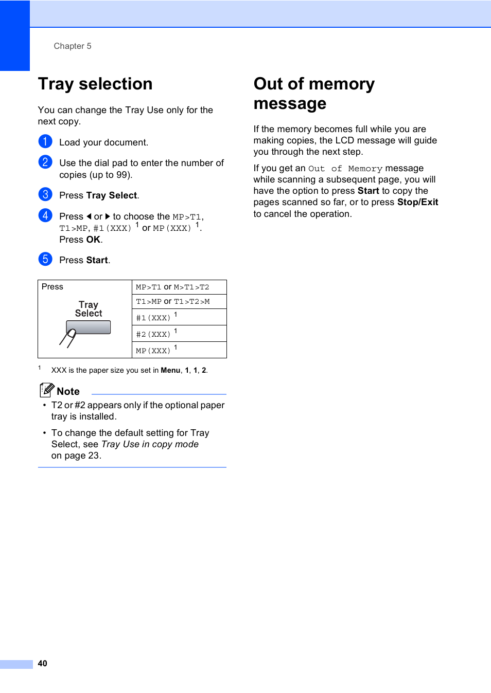 Tray selection, Out of memory message, Tray selection out of memory message | Brother DCP-8085DN User Manual | Page 53 / 156
