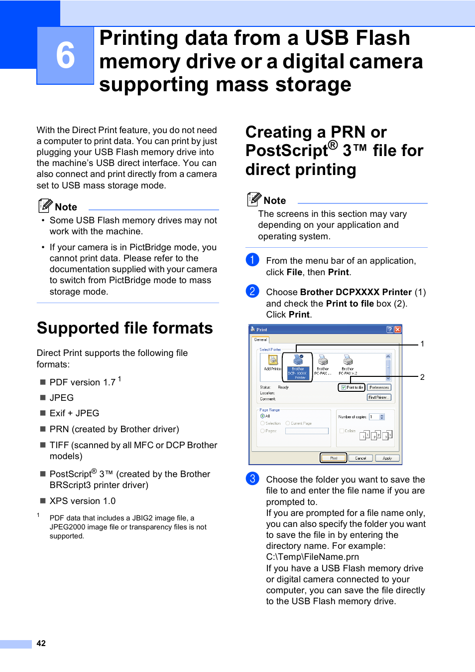 Supported file formats, 3™ file for direct printing, Creating a prn or postscript | Brother DCP-8085DN User Manual | Page 55 / 156
