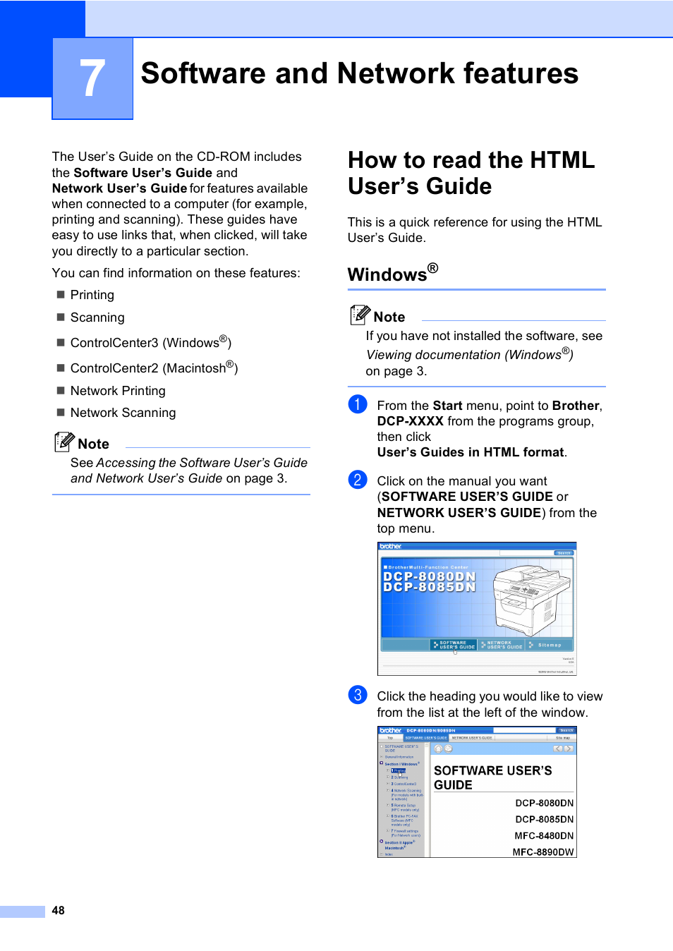 7 software and network features, How to read the html user’s guide, Windows | Software and network features | Brother DCP-8085DN User Manual | Page 61 / 156