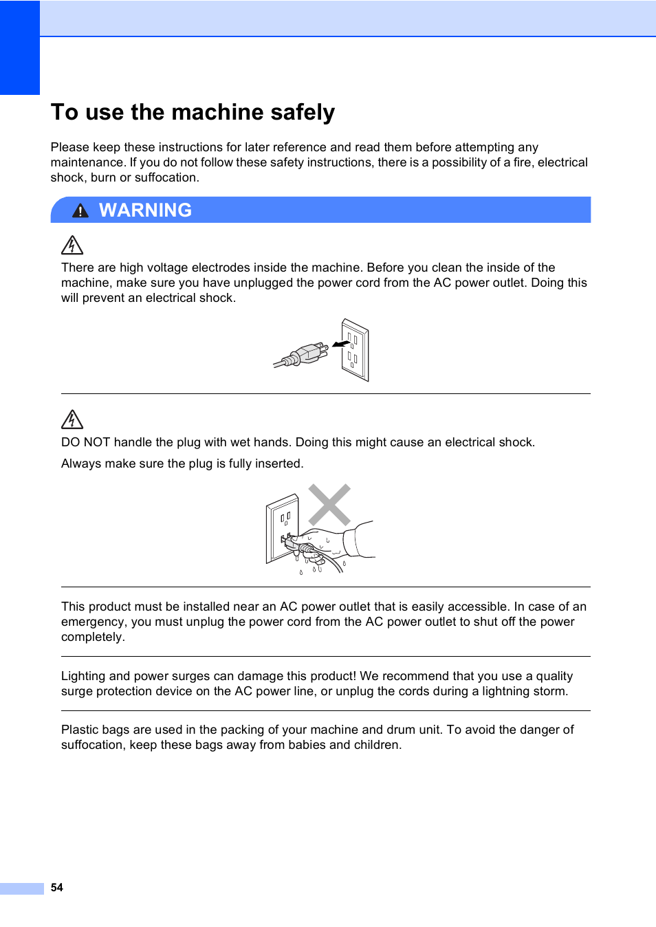 To use the machine safely, Warning | Brother DCP-8085DN User Manual | Page 67 / 156