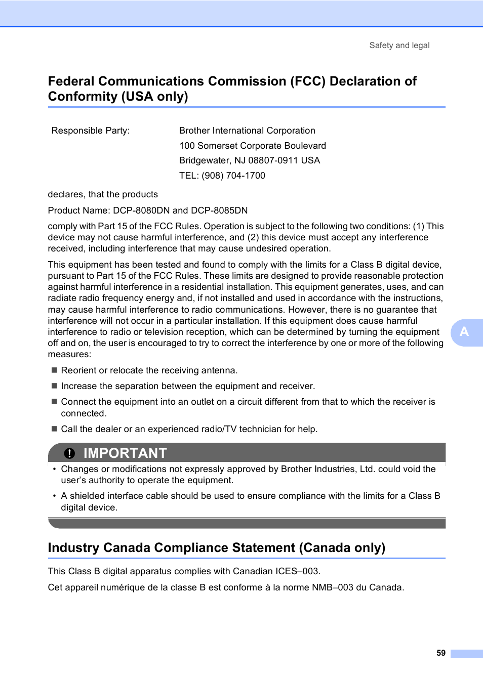 Industry canada compliance statement (canada only), Usa only), Important | Brother DCP-8085DN User Manual | Page 72 / 156