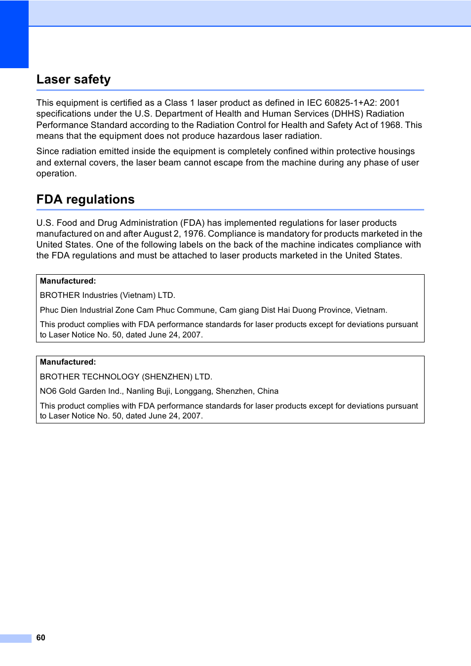 Laser safety, Fda regulations, Laser safety fda regulations | Brother DCP-8085DN User Manual | Page 73 / 156