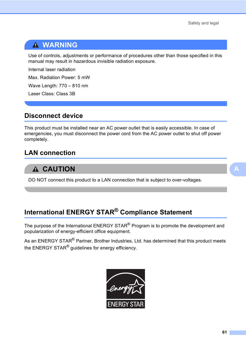 Disconnect device, Lan connection, International energy star® compliance statement | Compliance statement, Warning, Caution, International energy star | Brother DCP-8085DN User Manual | Page 74 / 156
