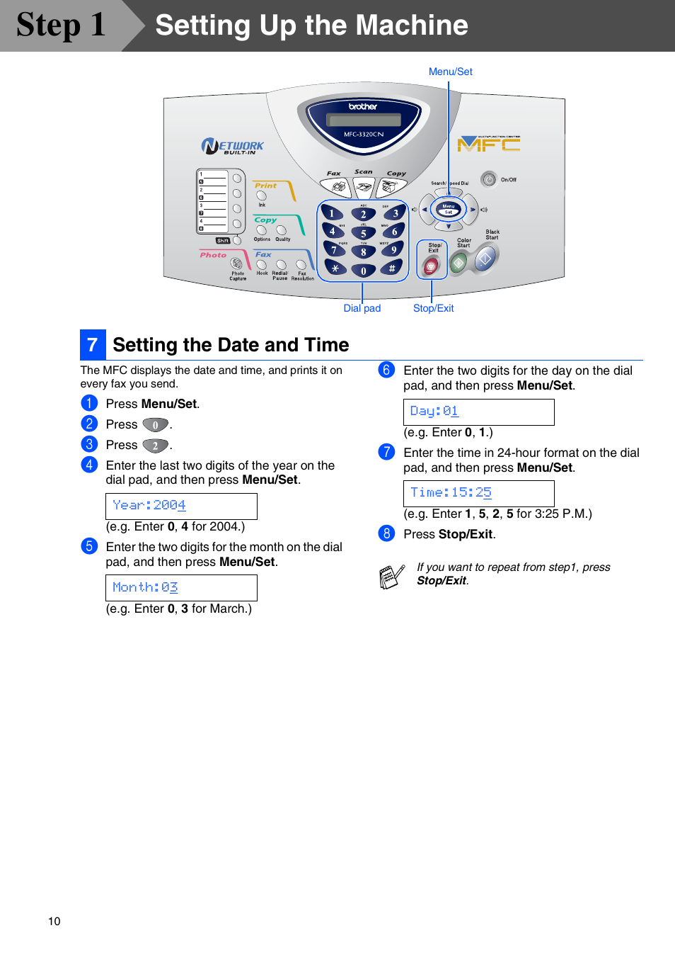 7 setting the date and time, Setting the date and time, Step 1 | Setting up the machine, 7setting the date and time | Brother MFC-3320CN User Manual | Page 12 / 42