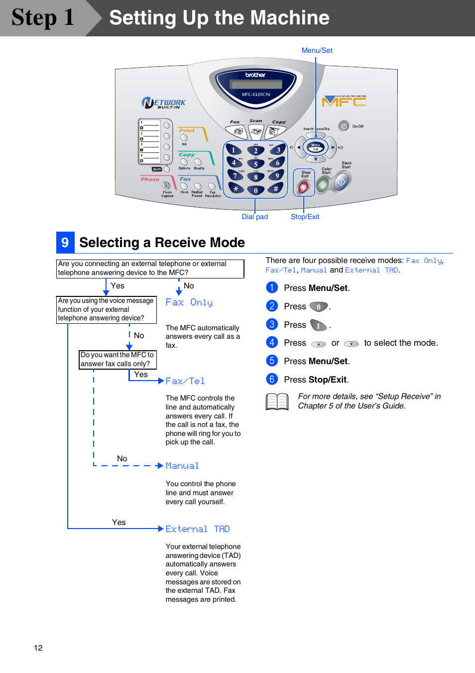 9 selecting a receive mode, Selecting a receive mode, Step 1 | Setting up the machine, 9selecting a receive mode | Brother MFC-3320CN User Manual | Page 14 / 42