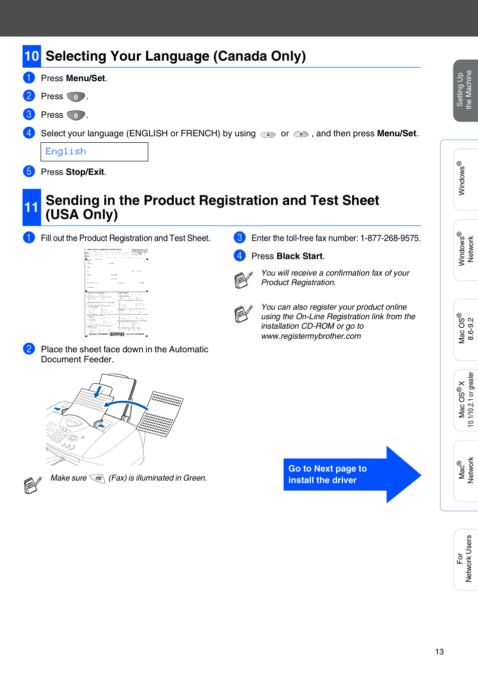 10 selecting your language (canada only), Selecting your language (canada only), English | Brother MFC-3320CN User Manual | Page 15 / 42