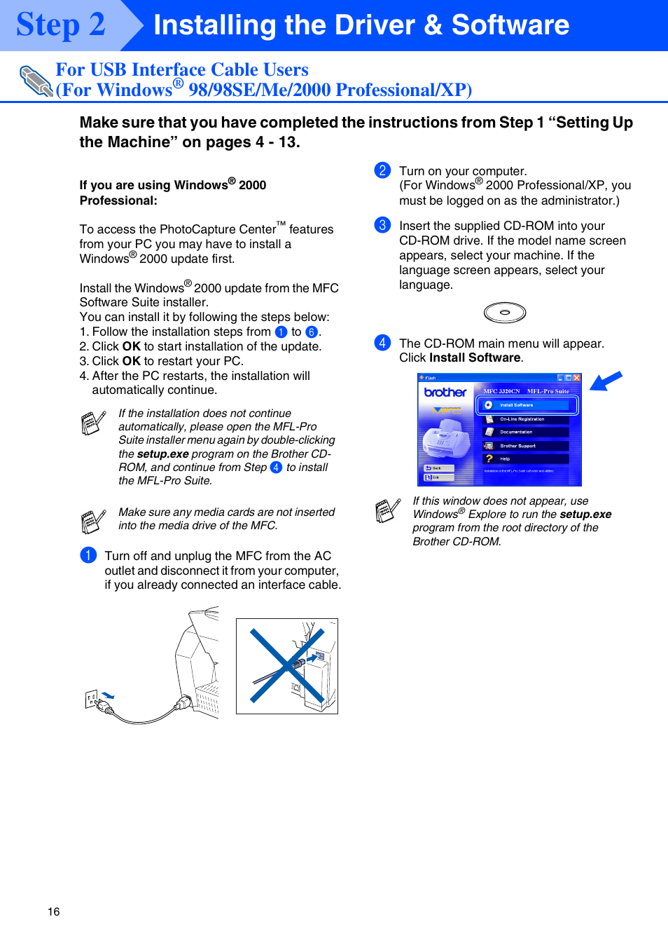 For usb interface cable users (for windows, 98/98se/me/2000 professional/xp), Step 2 | Installing the driver & software | Brother MFC-3320CN User Manual | Page 18 / 42