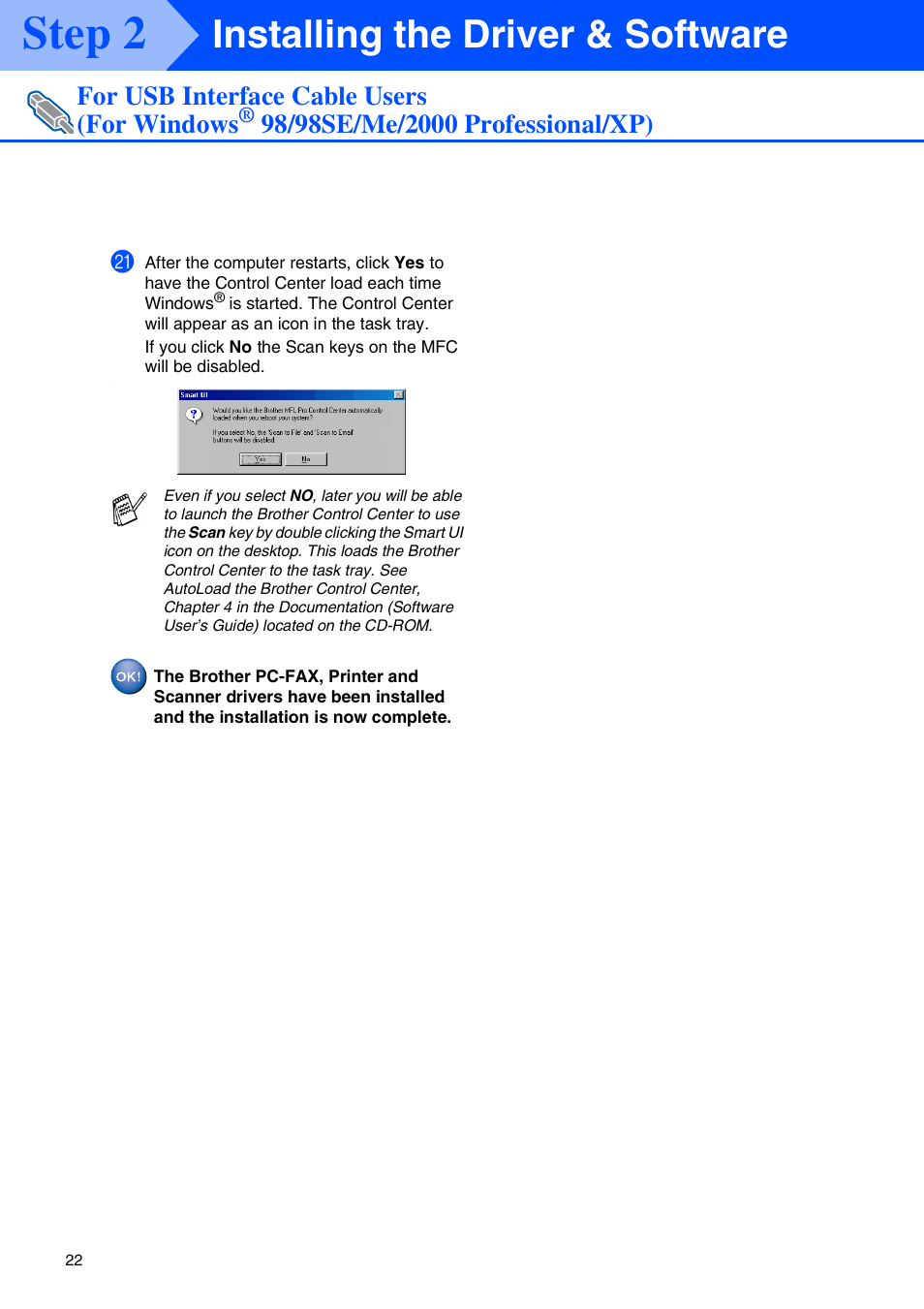 Step 2, Installing the driver & software, For usb interface cable users (for windows | Brother MFC-3320CN User Manual | Page 24 / 42