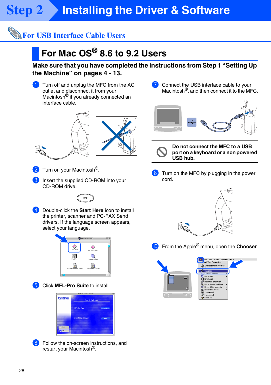 For usb interface cable users, For mac os® 8.6 to 9.2 users, For mac os | 6 to 9.2 users, For usb interface cable users ■ for mac os, Step 2, Installing the driver & software | Brother MFC-3320CN User Manual | Page 30 / 42