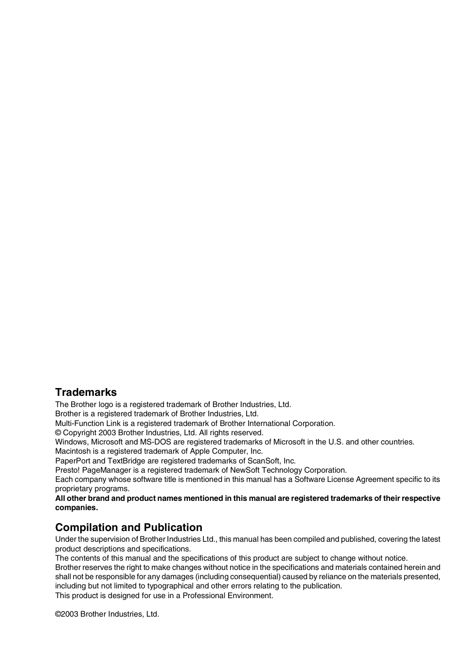 Trademarks, Compilation and publication | Brother MFC-3320CN User Manual | Page 41 / 42