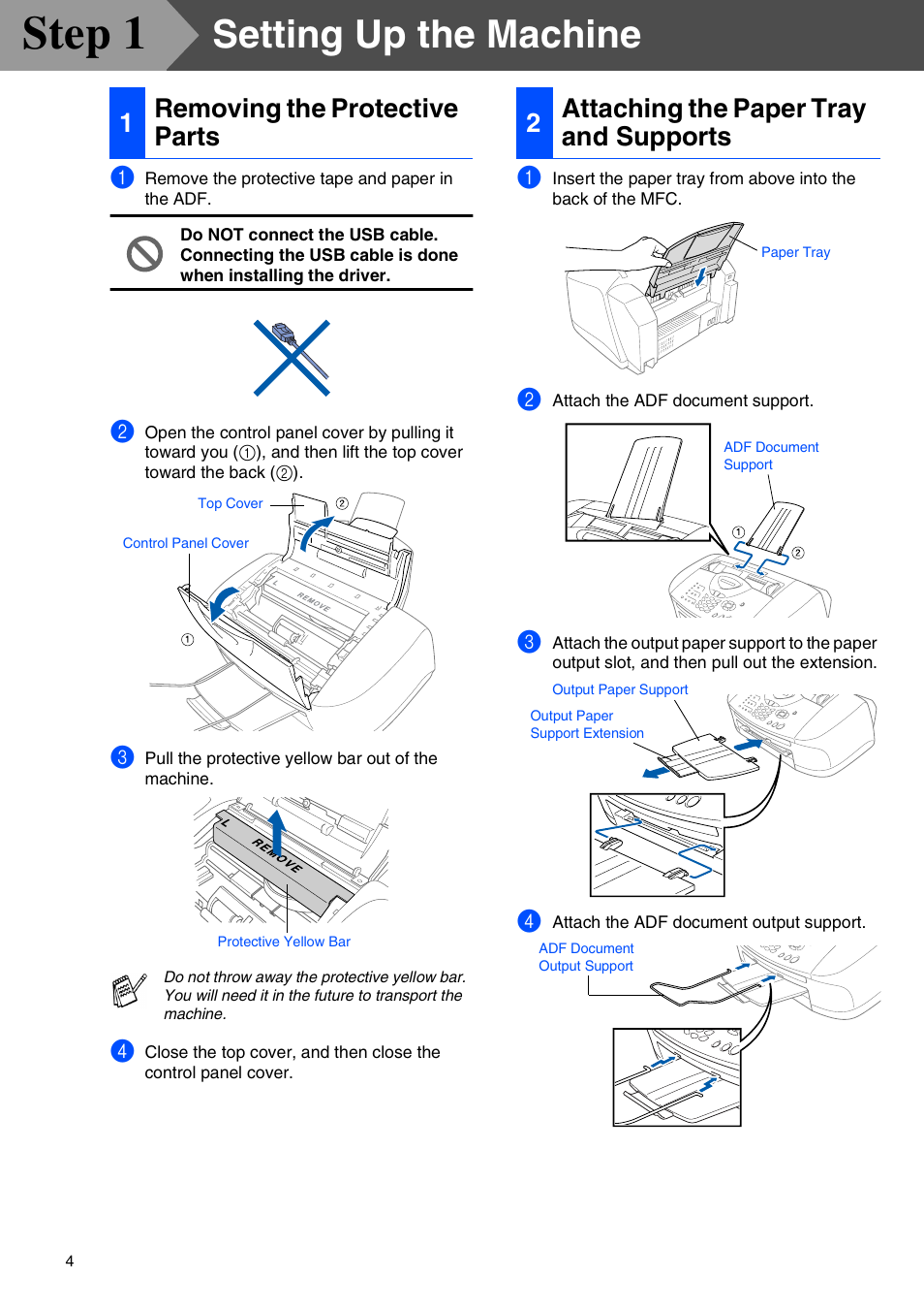Step1 setting up the machine, 1 removing the protective parts, 2 attaching the paper tray and supports | Setting up the machine, Removing the protective parts, Attaching the paper tray and supports, Step 1, 1removing the protective parts, 2attaching the paper tray and supports | Brother MFC-3320CN User Manual | Page 6 / 42