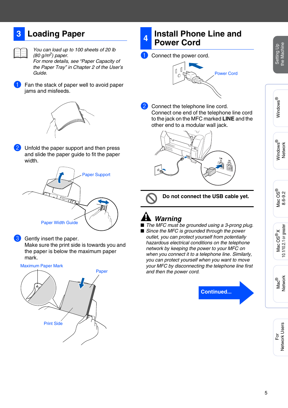 3 loading paper, 4 install phone line and power cord, Loading paper | Install phone line and power cord, 3loading paper, 4install phone line and power cord, Warning | Brother MFC-3320CN User Manual | Page 7 / 42