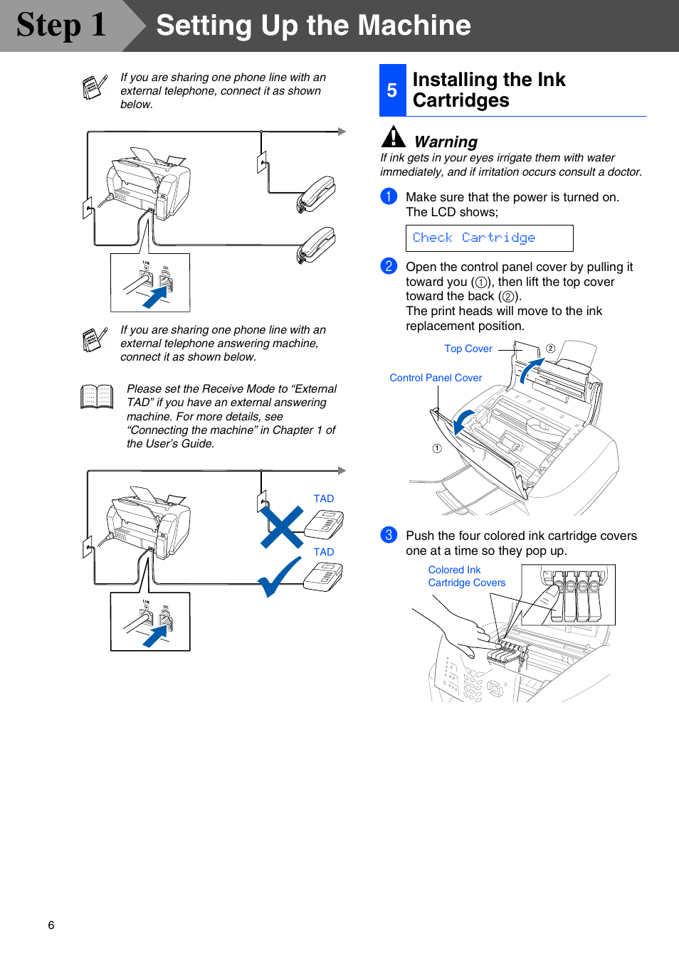 5 installing the ink cartridges, Installing the ink cartridges, Step 1 | Setting up the machine, 5installing the ink cartridges, Warning | Brother MFC-3320CN User Manual | Page 8 / 42