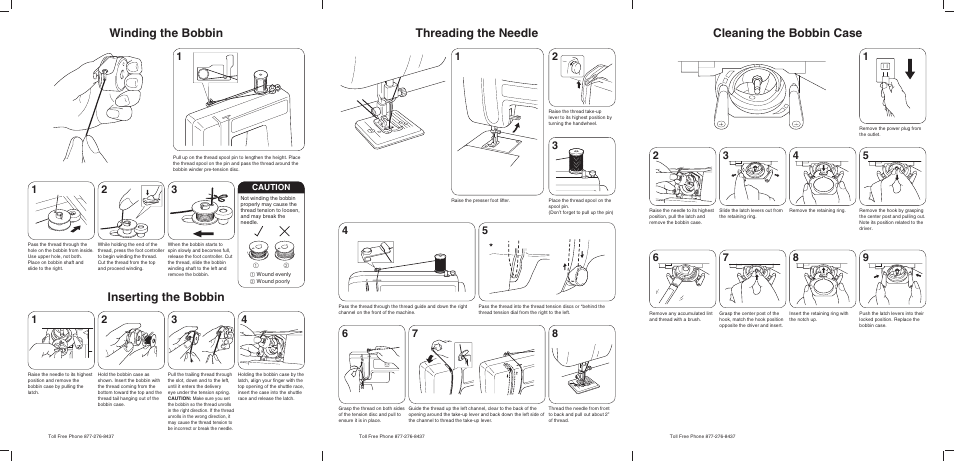 Winding the bobbin threading the needle, Cleaning the bobbin case, Inserting the bobbin | Brother LS-2125i User Manual | Page 2 / 2
