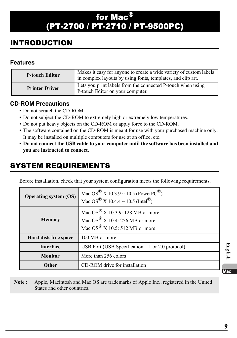 For mac, Introduction, System requirements | Brother PT-2700 User Manual | Page 10 / 58