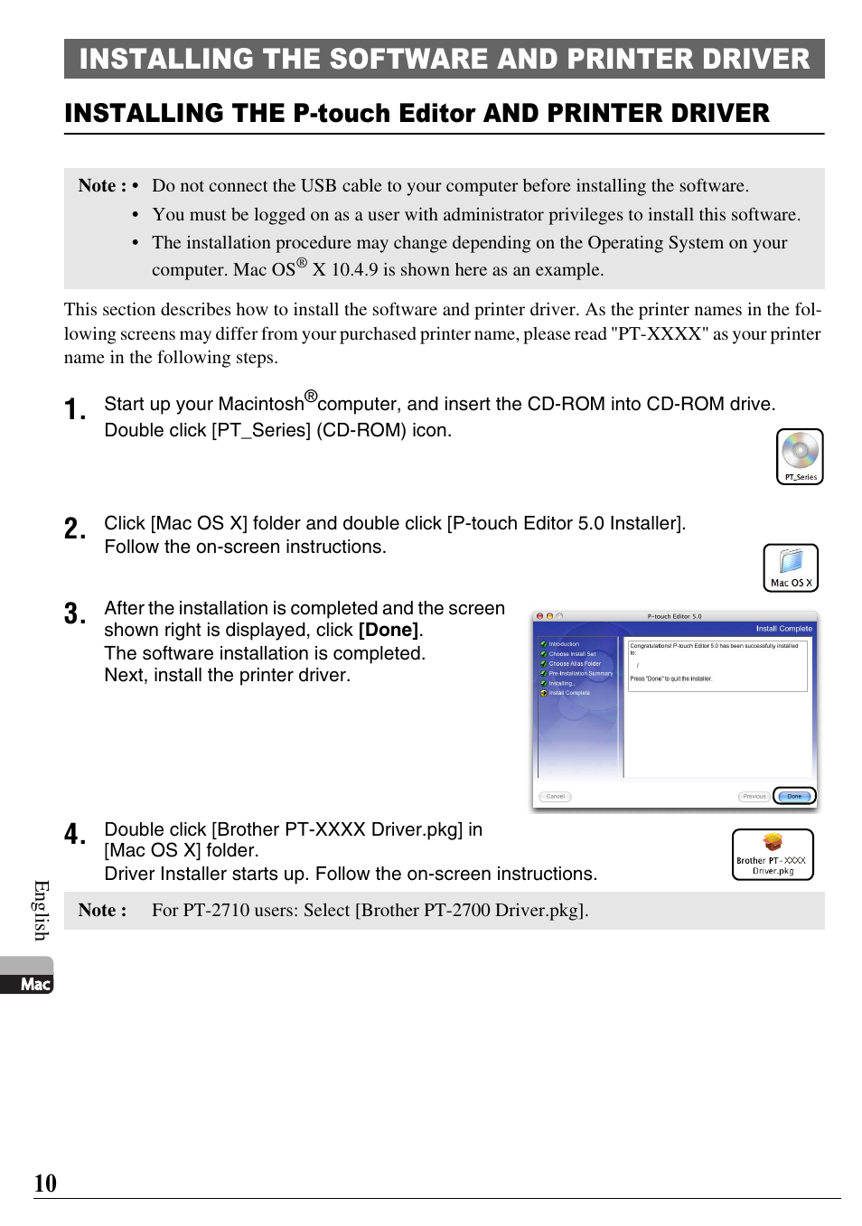 Installing the software and printer driver, Installing the p-touch editor and printer driver | Brother PT-2700 User Manual | Page 11 / 58