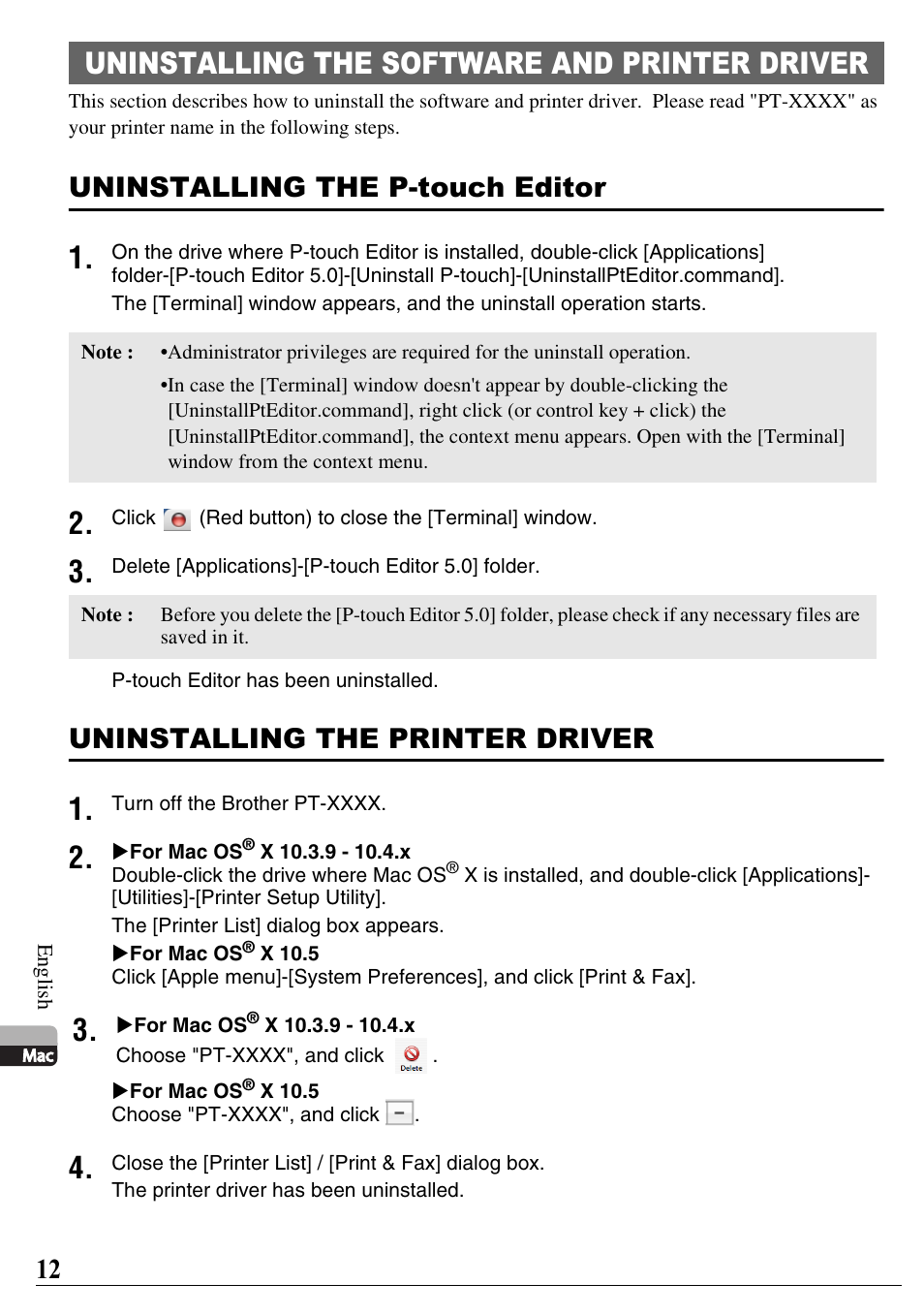 Uninstalling the software and printer driver, Uninstalling the p-touch editor, Uninstalling the printer driver | Brother PT-2700 User Manual | Page 13 / 58