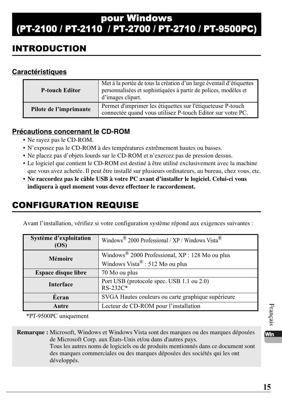 Introduction, Configuration requise | Brother PT-2700 User Manual | Page 16 / 58