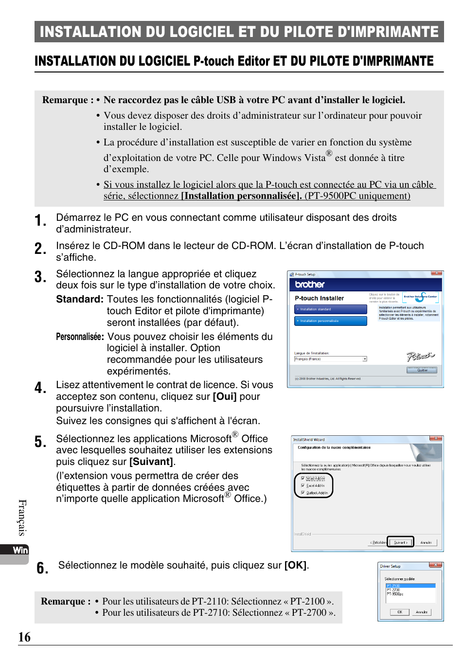 Installation du logiciel et du pilote d'imprimante | Brother PT-2700 User Manual | Page 17 / 58