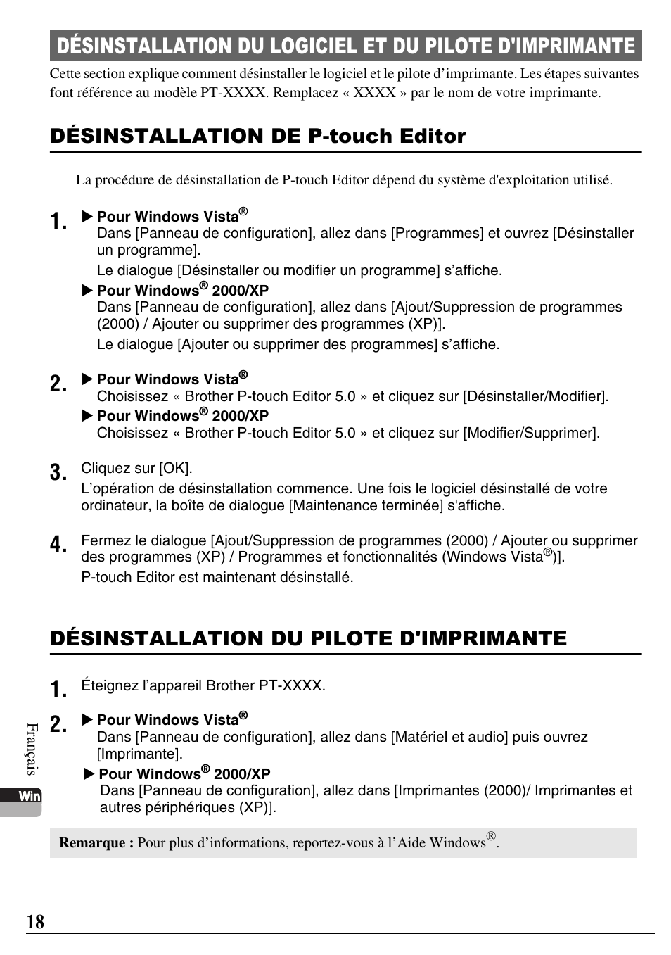 Désinstallation de p-touch editor, Désinstallation du pilote d'imprimante | Brother PT-2700 User Manual | Page 19 / 58