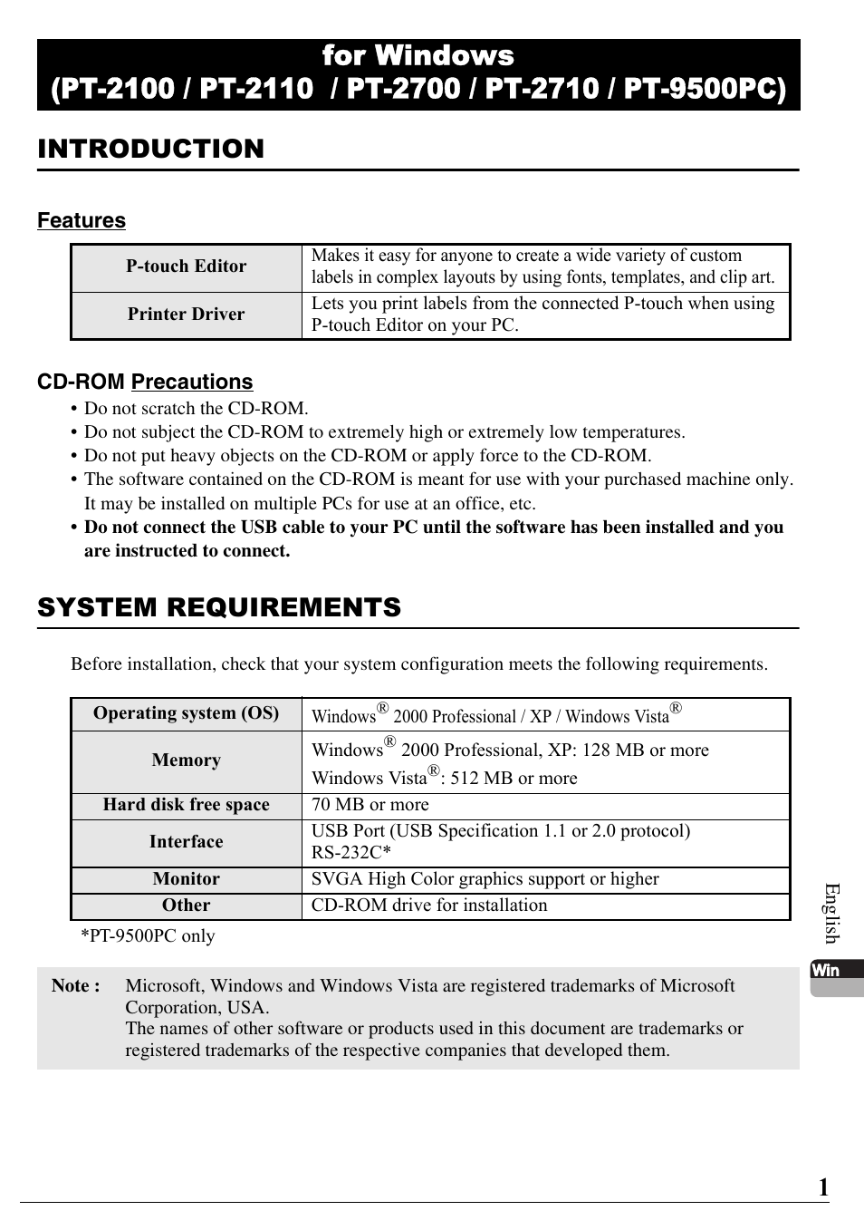 Introduction, System requirements | Brother PT-2700 User Manual | Page 2 / 58