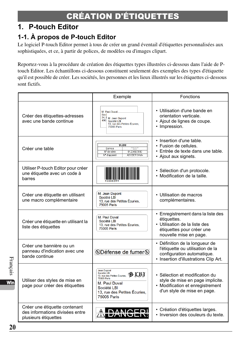 Création d'étiquettes, P-touch editor, 1. à propos de p-touch editor | Brother PT-2700 User Manual | Page 21 / 58