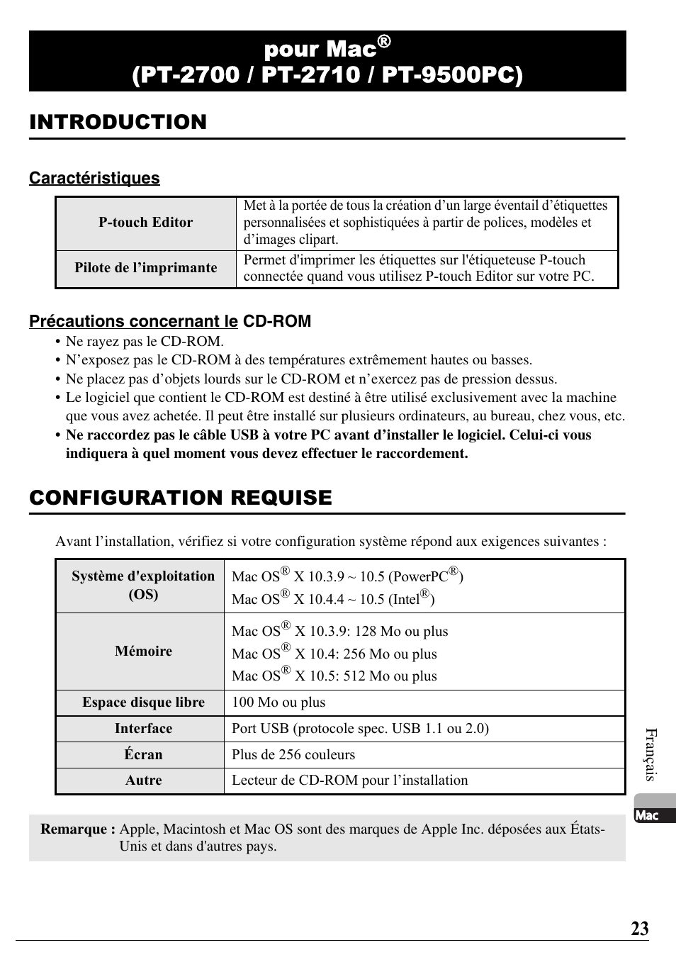 Pour mac, Introduction, Configuration requise | Brother PT-2700 User Manual | Page 24 / 58