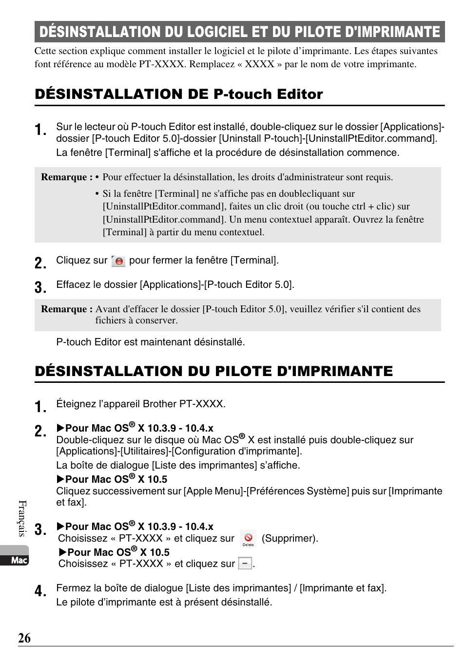 Désinstallation de p-touch editor, Désinstallation du pilote d'imprimante | Brother PT-2700 User Manual | Page 27 / 58