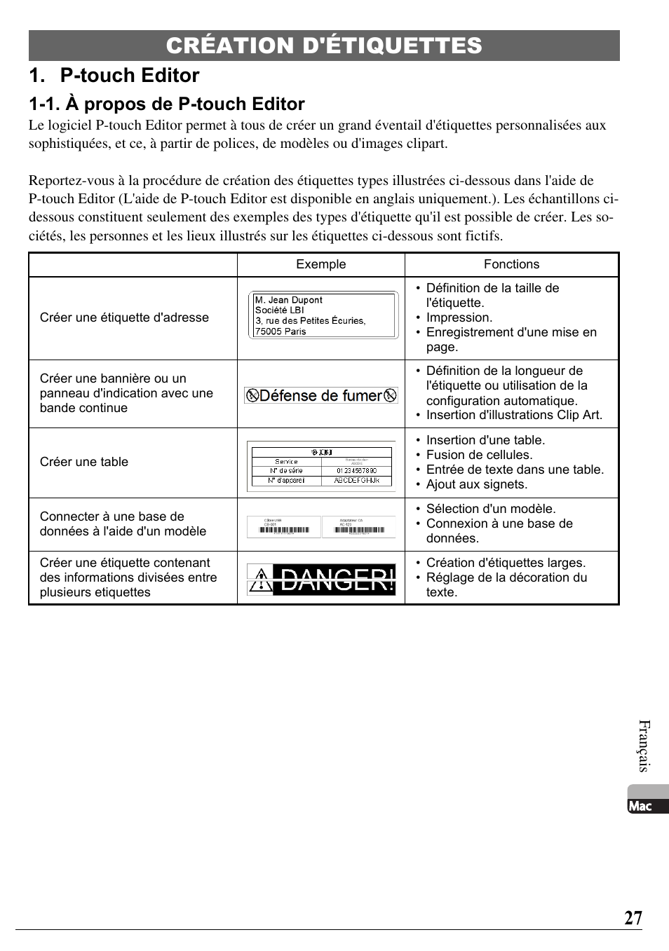 Création d'étiquettes, P-touch editor, 1. à propos de p-touch editor | Brother PT-2700 User Manual | Page 28 / 58