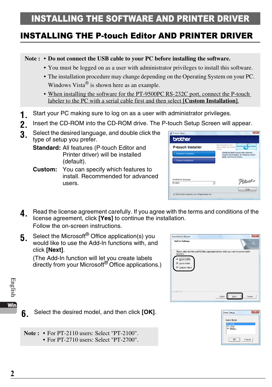 Installing the software and printer driver, Installing the p-touch editor and printer driver | Brother PT-2700 User Manual | Page 3 / 58