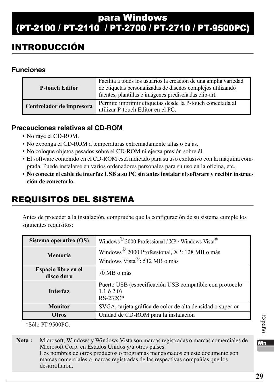 Introducción, Requisitos del sistema | Brother PT-2700 User Manual | Page 30 / 58