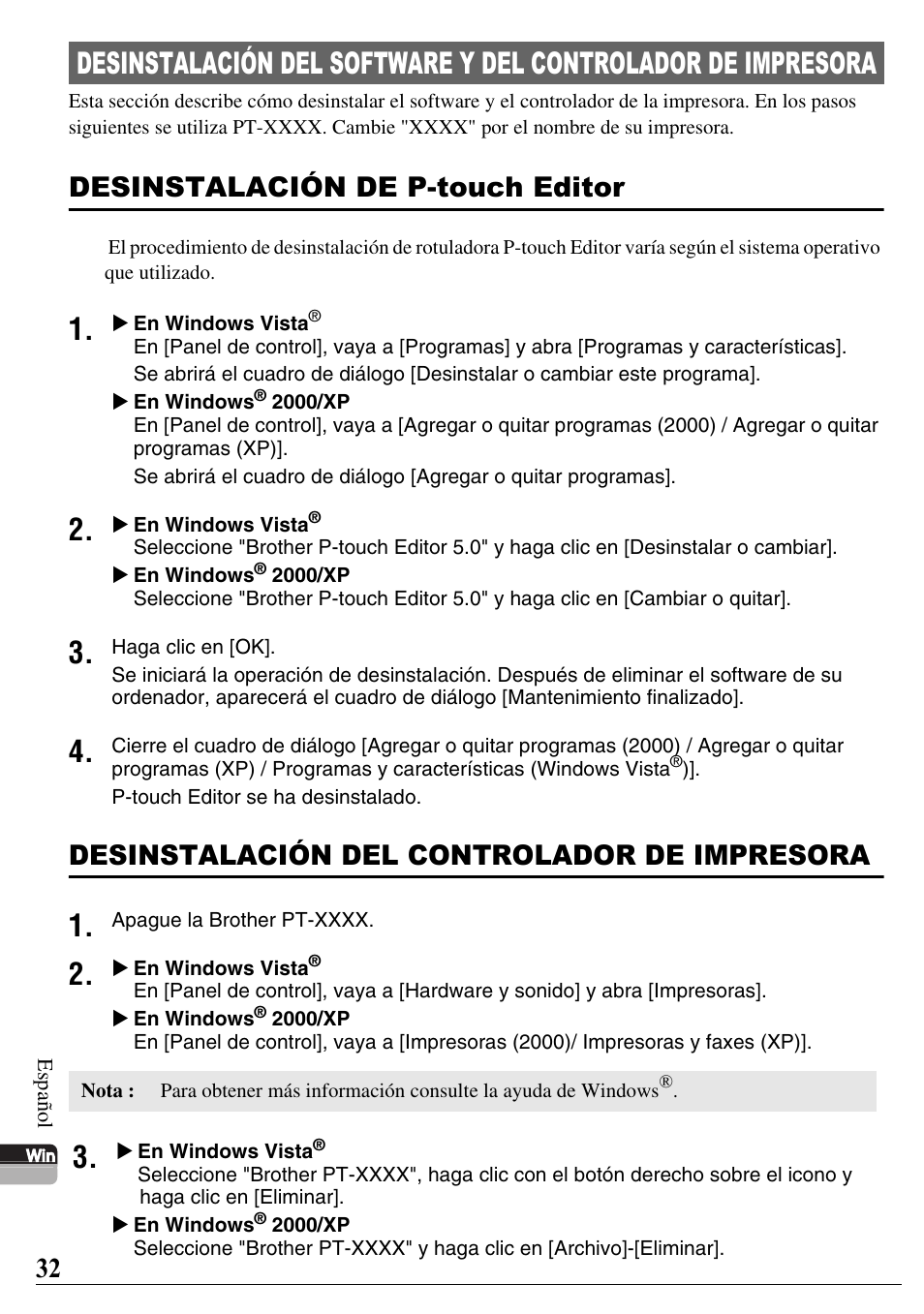 Desinstalación de p-touch editor, Desinstalación del controlador de impresora | Brother PT-2700 User Manual | Page 33 / 58