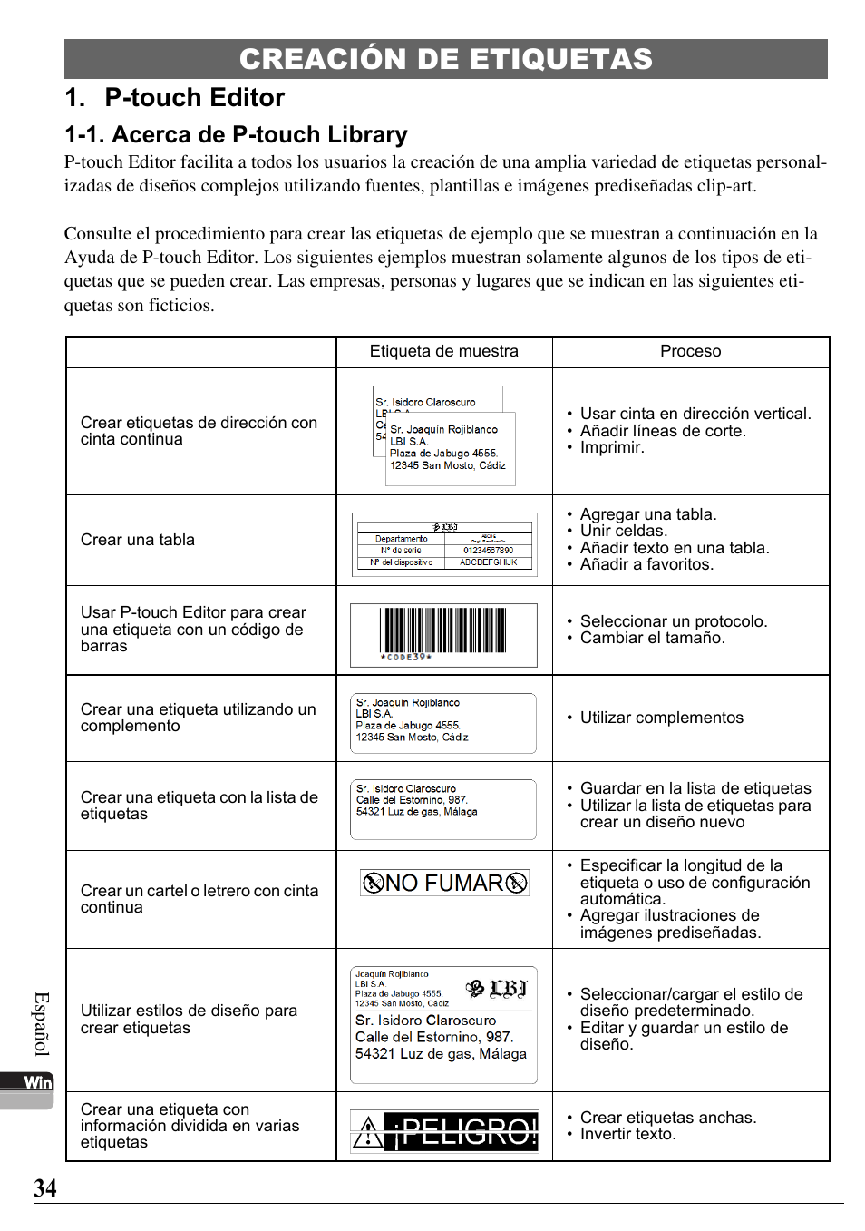 Creación de etiquetas, P-touch editor, 1. acerca de p-touch library | Brother PT-2700 User Manual | Page 35 / 58