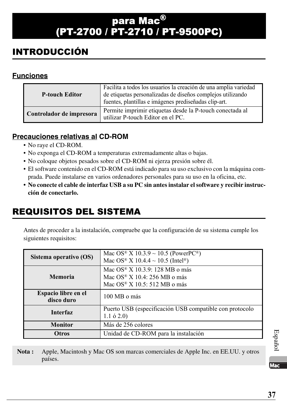 Para mac, Introducción, Requisitos del sistema | Brother PT-2700 User Manual | Page 38 / 58