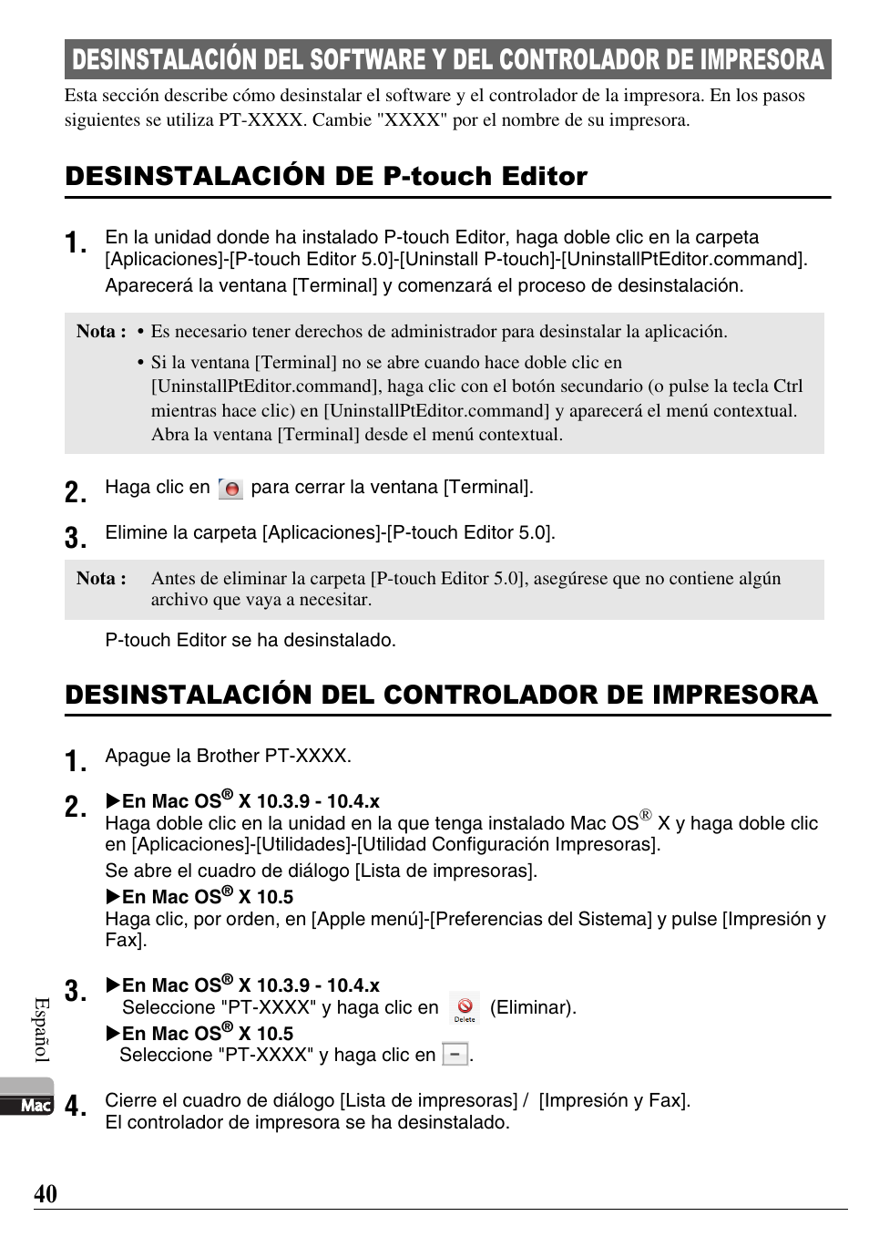 Desinstalación de p-touch editor, Desinstalación del controlador de impresora | Brother PT-2700 User Manual | Page 41 / 58