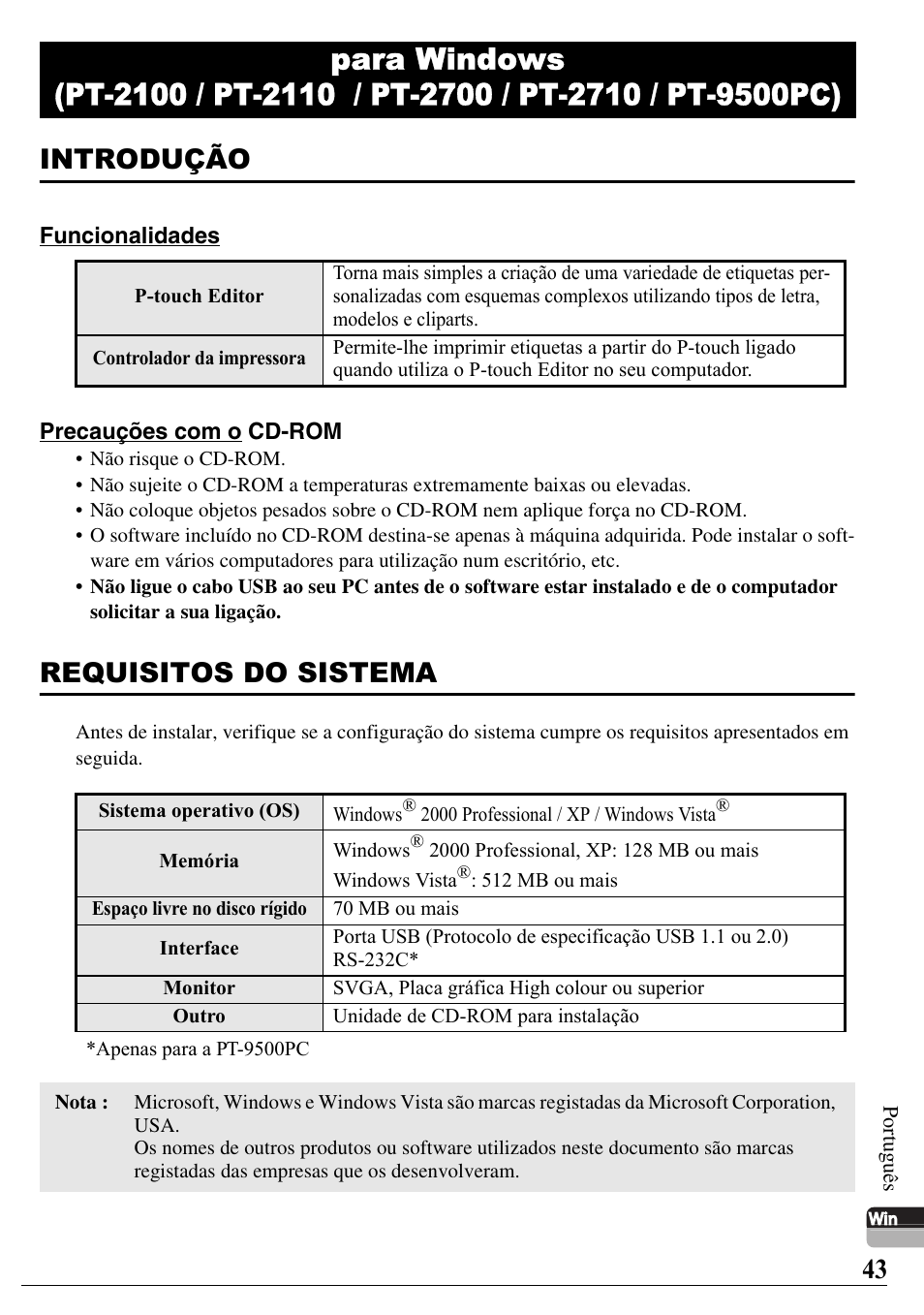 Introdução, Requisitos do sistema | Brother PT-2700 User Manual | Page 44 / 58