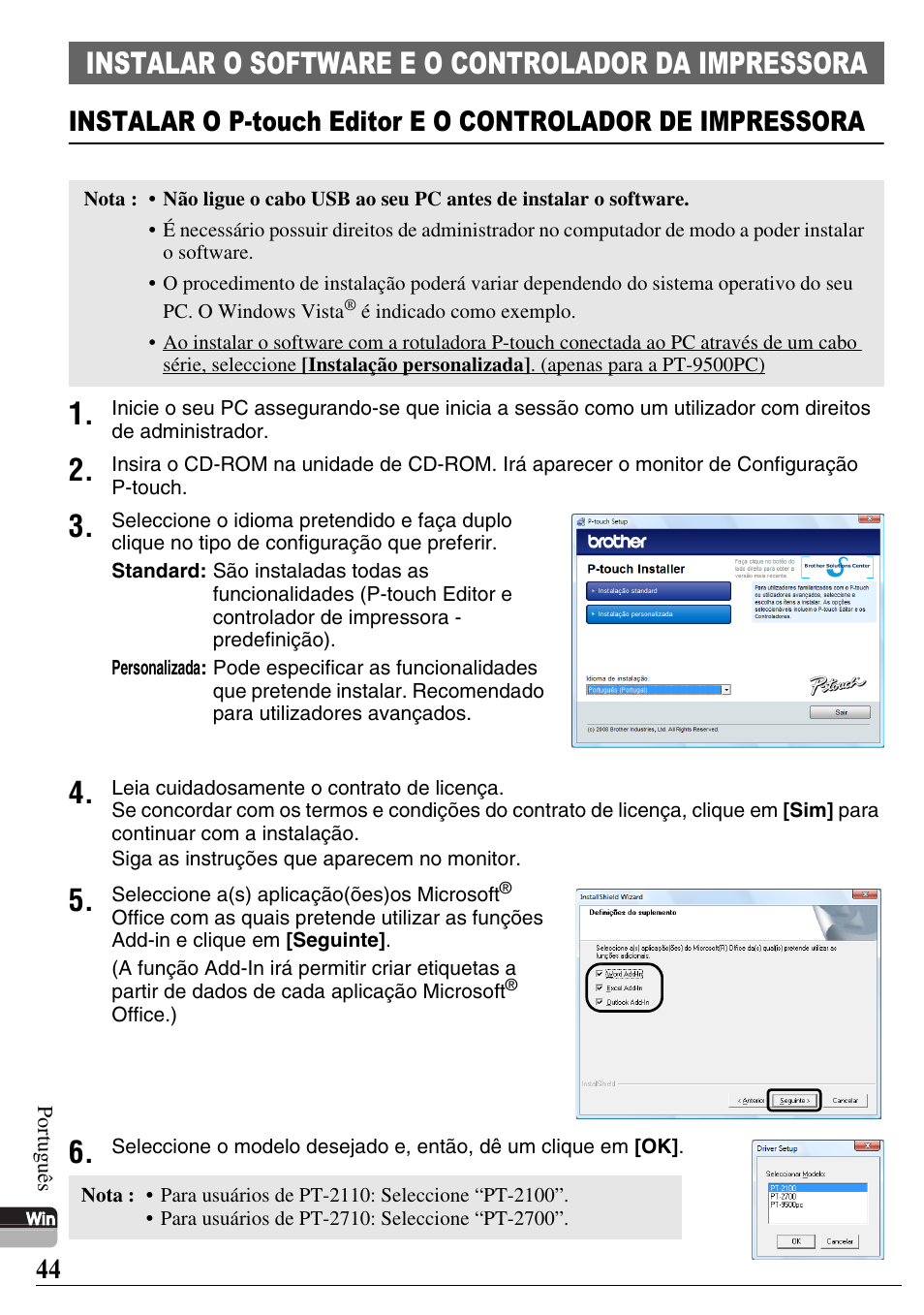 Instalar o software e o controlador da impressora | Brother PT-2700 User Manual | Page 45 / 58