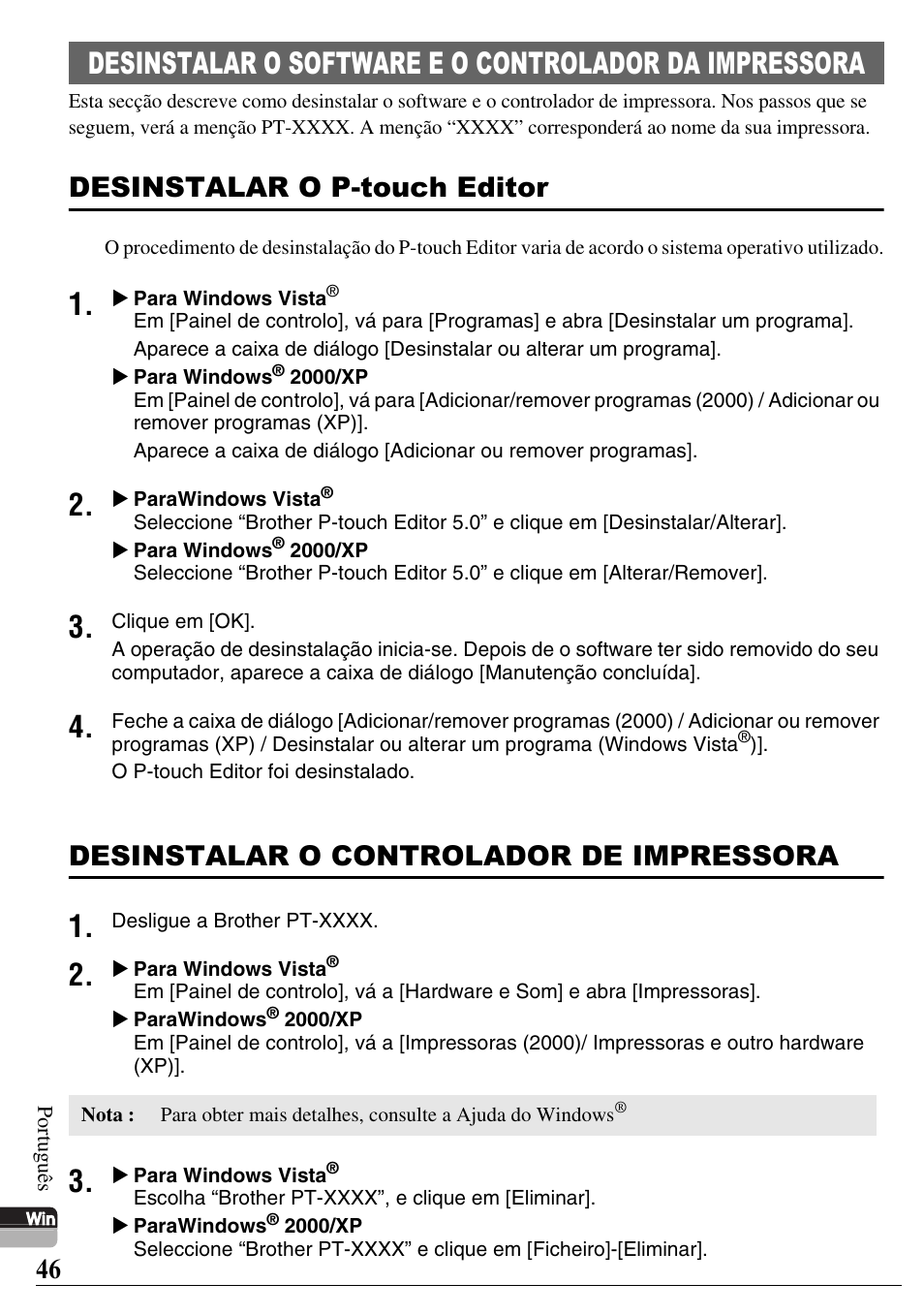 Desinstalar o p-touch editor, Desinstalar o controlador de impressora | Brother PT-2700 User Manual | Page 47 / 58