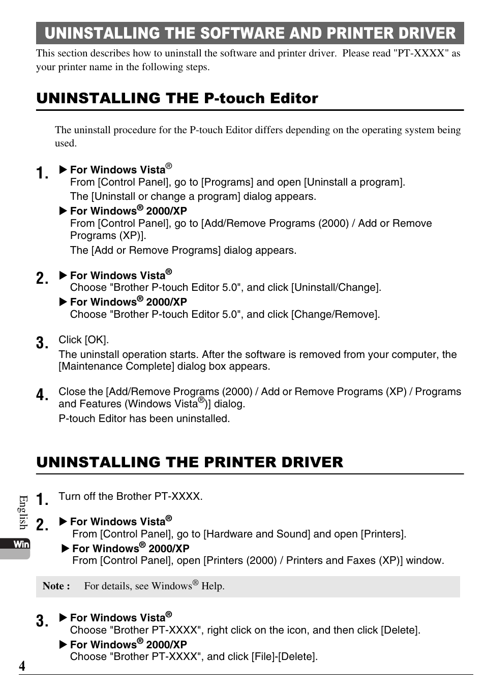 Uninstalling the software and printer driver, Uninstalling the p-touch editor, Uninstalling the printer driver | Brother PT-2700 User Manual | Page 5 / 58
