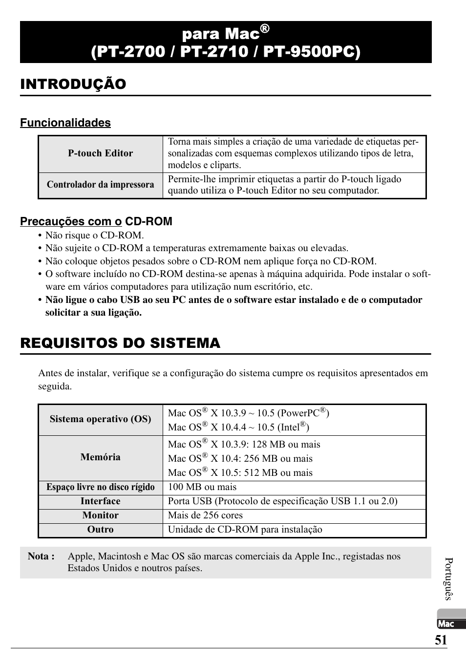 Para mac, Introdução, Requisitos do sistema | Brother PT-2700 User Manual | Page 52 / 58